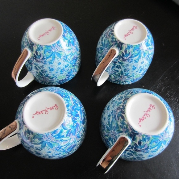 Lilly Pulitzer Tea Cups set of 4 Bule Floral Ceramic golden Handles Ssummer, - Picture 3 of 8